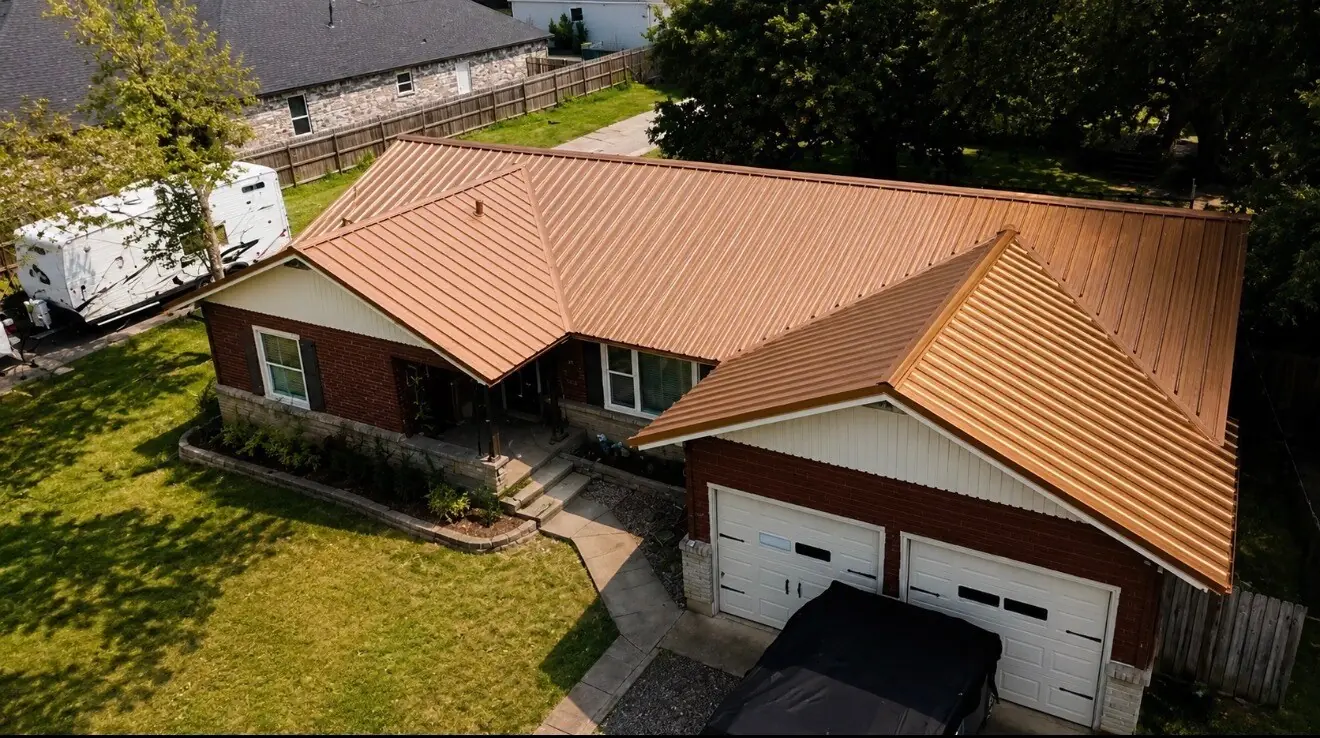 A residential metal roof in Waco, seen from above