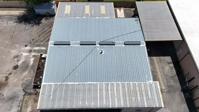 Commercial metal roof with skylights, from above