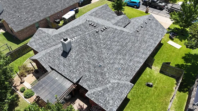 Completed shingle roof on a Waco home, from above