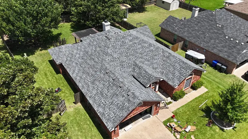 Completed roof replacement on a Waco home, from above